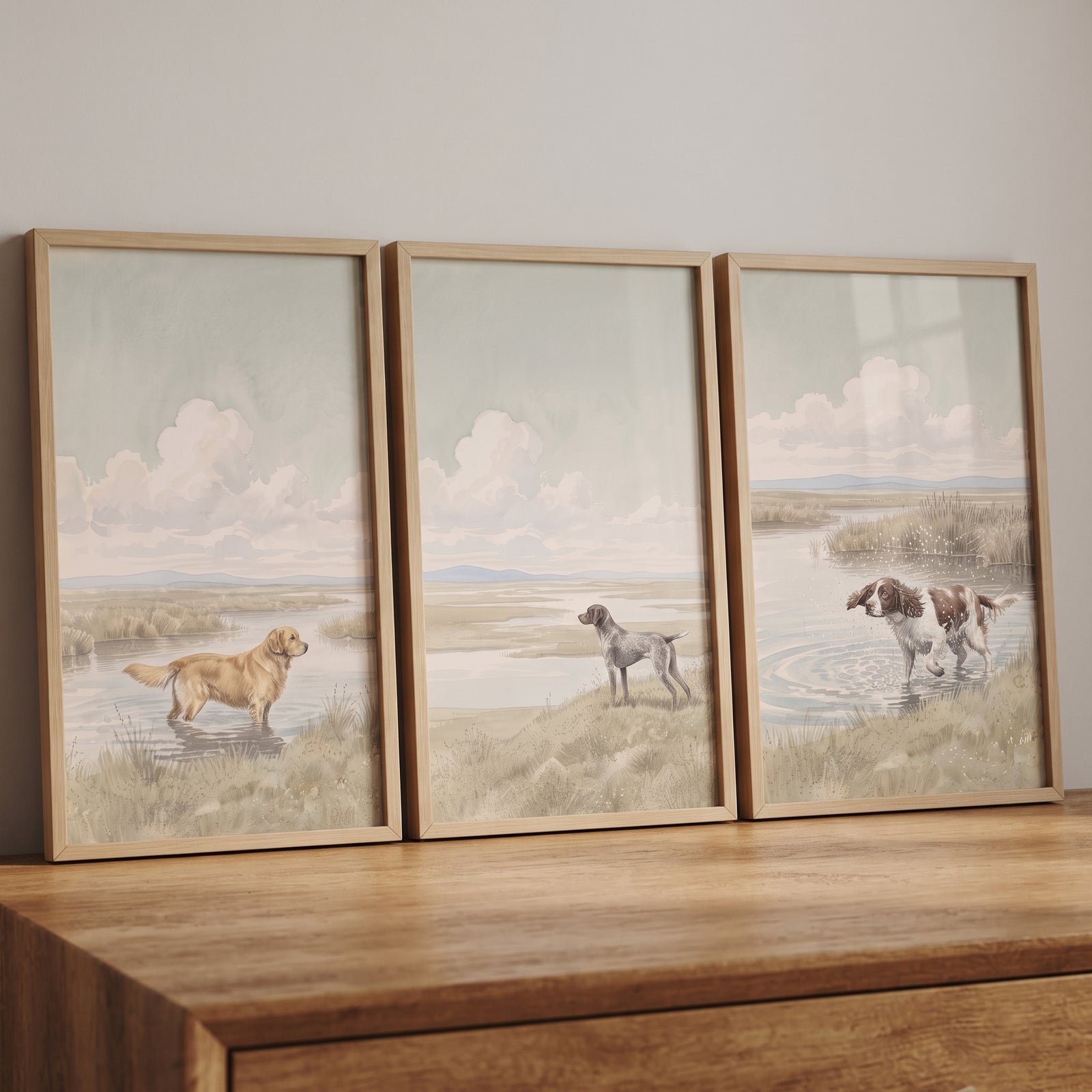 Classic heritage hunting dog wall art set of 3. Framed prints of dogs in marshy landscapes on a wooden surface.