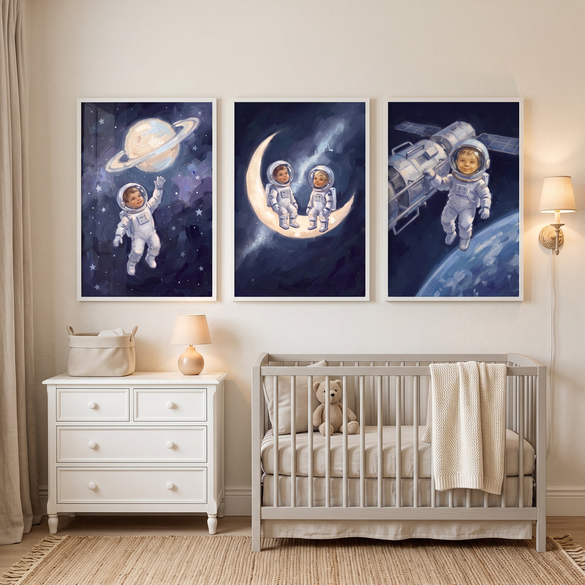 Classic Navy Baby Astronaut Wall Art Set of 3 - Tiny Astronaut Adventures