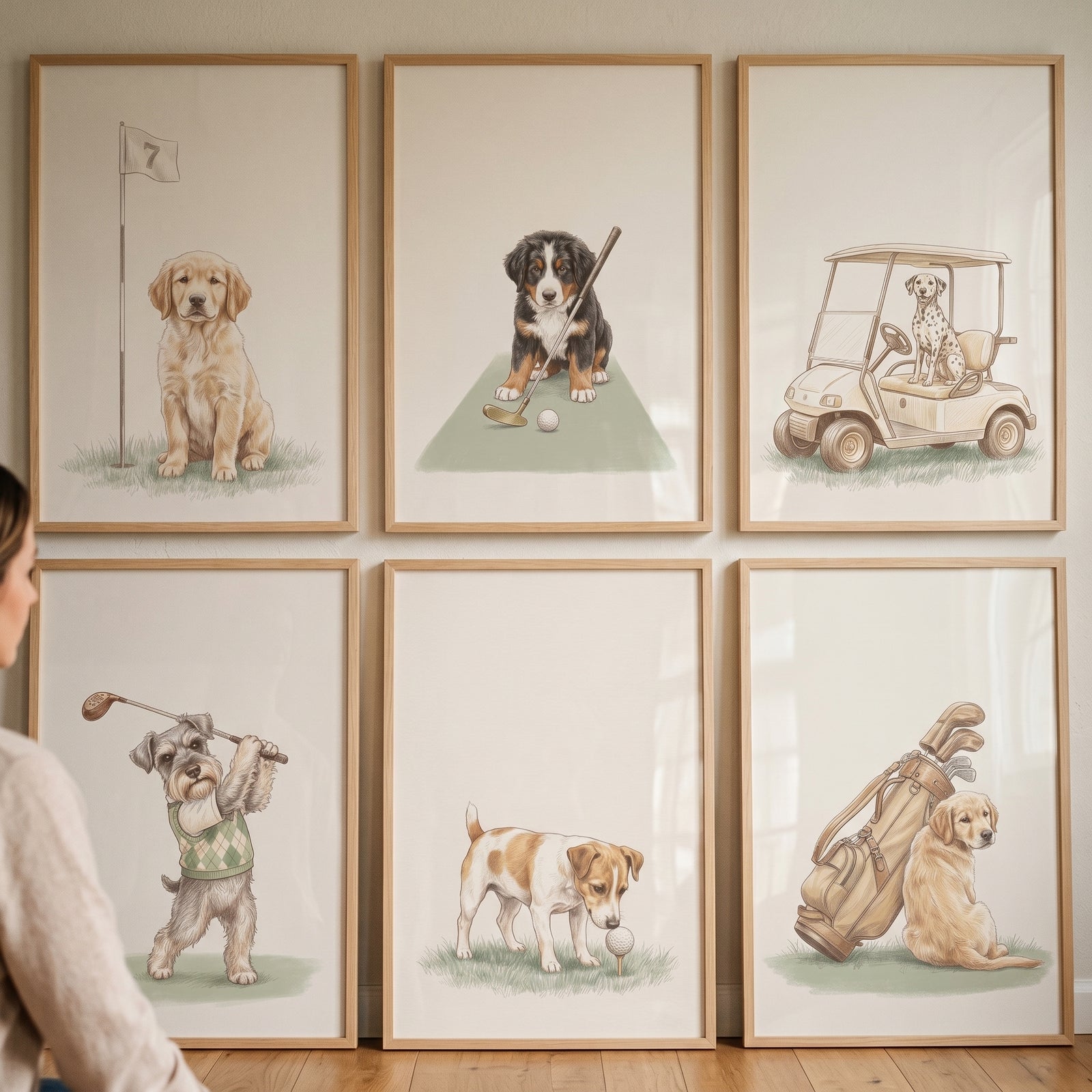 Six framed illustrations of dogs with golf equipment, classic neutral golfing puppies wall art set of 6.