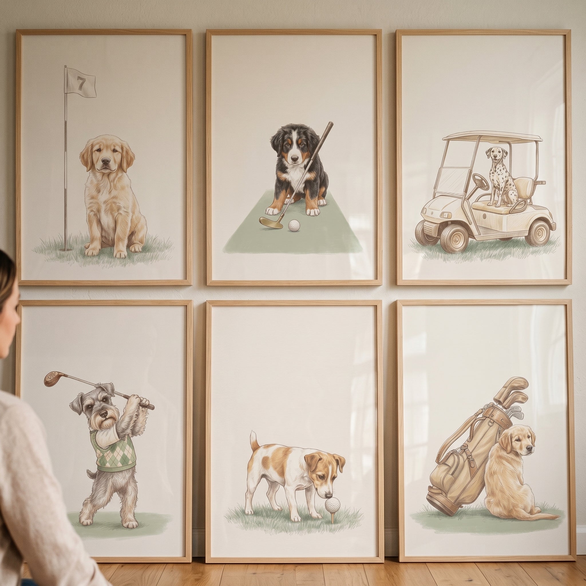 Classic Neutral Golfing Puppies Wall Art Set of 6 - Little Caddy Club