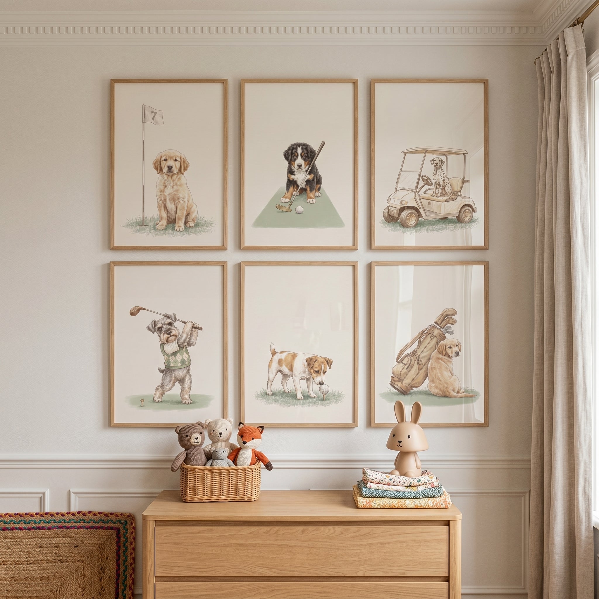 Classic Neutral Golfing Puppies Wall Art Set of 6 - Little Caddy Club