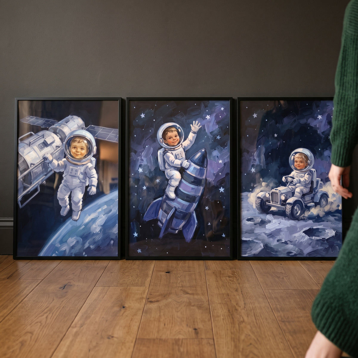 Classic oil baby astronaut wall art set of 3 showing an infant in space, on a rocket, and driving a moon rover.