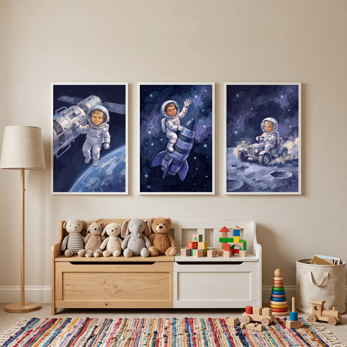 Classic Oil Baby Astronaut Wall Art Set of 3 - Tiny Cosmic Adventures