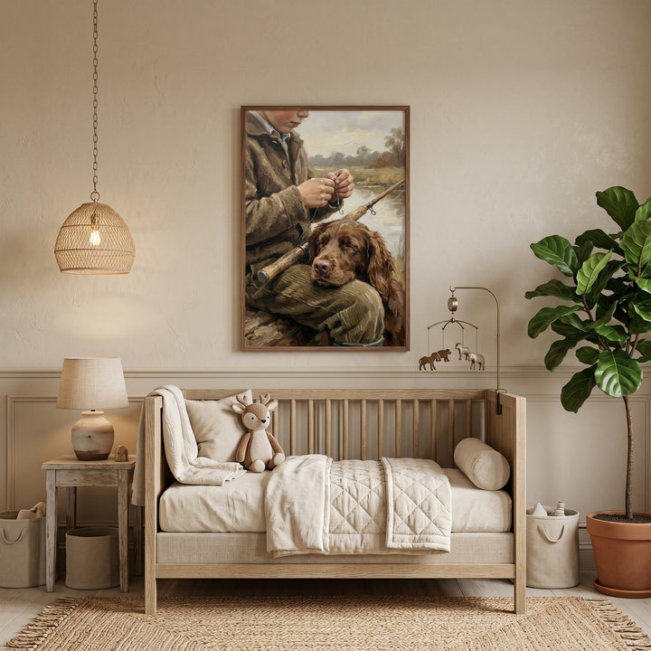Classic riverside country boy wall art above a wooden crib in a neutral nursery with a lamp and fiddle leaf fig.