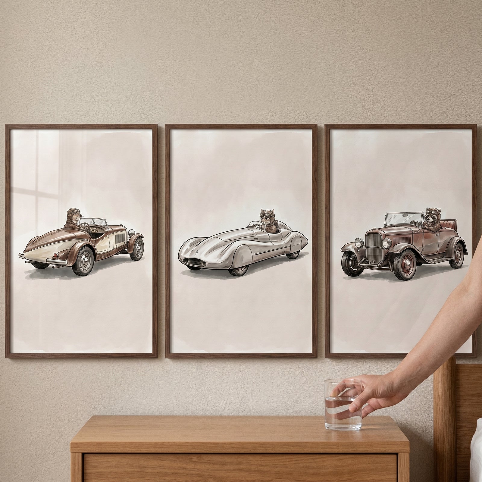 Classic speedster driving animal wall art set of 3 framed above a wooden nightstand with a glass of water.