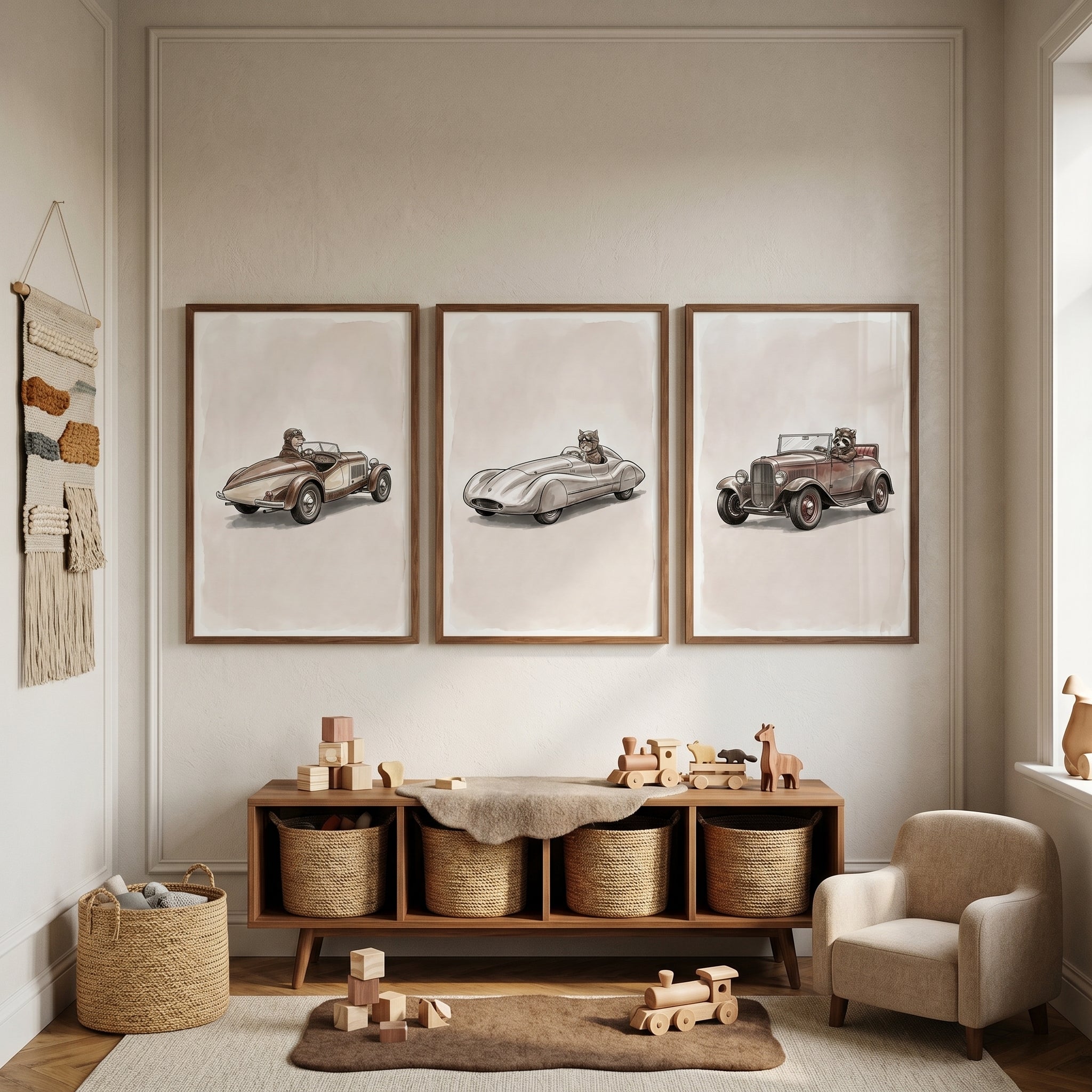 Classic Speedster Driving Animal Wall Art Set of 3 - Woodland Auto Club