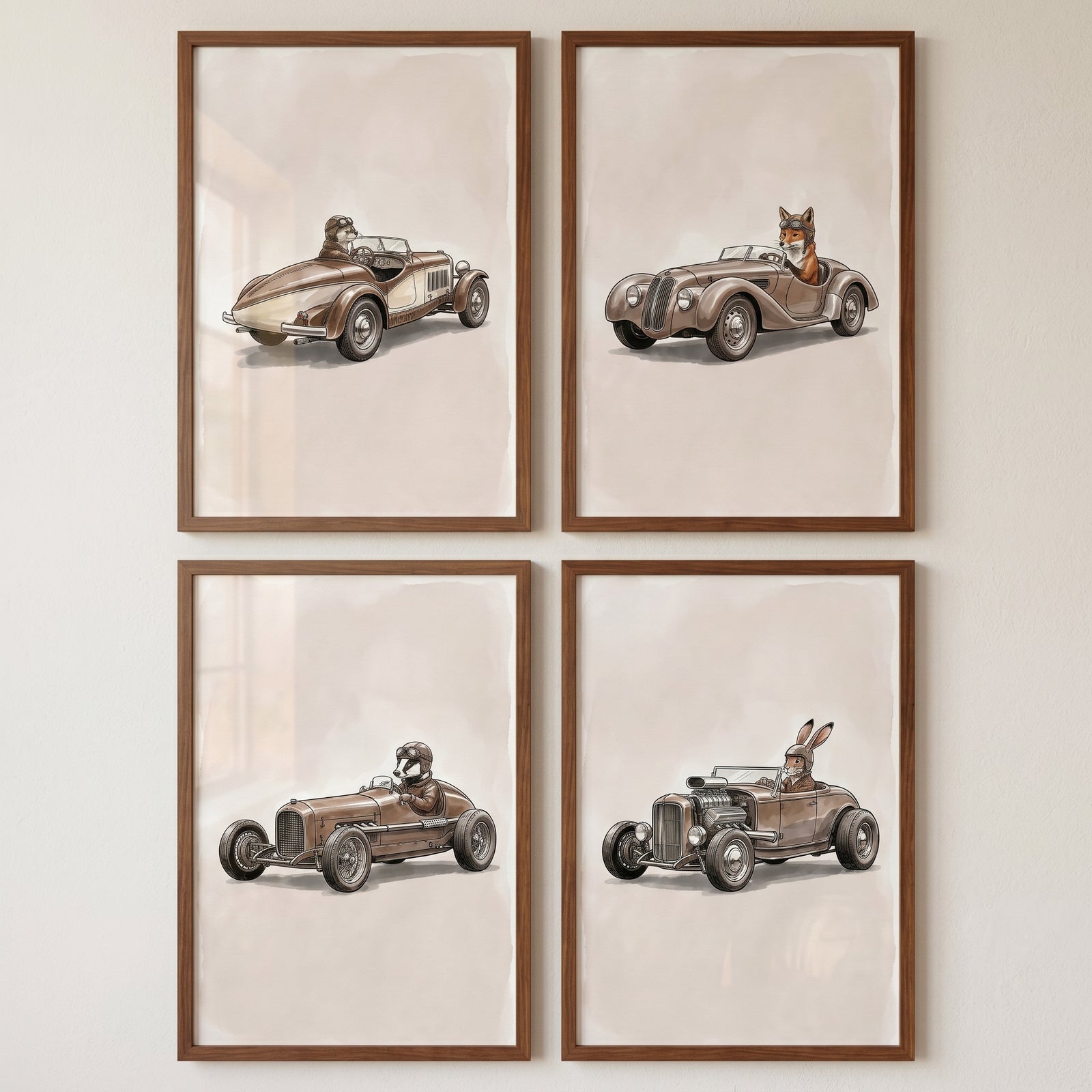 Classic speedster woodland animal wall art set of 4 featuring a fox, rabbit, otter, and badger driving vintage cars.