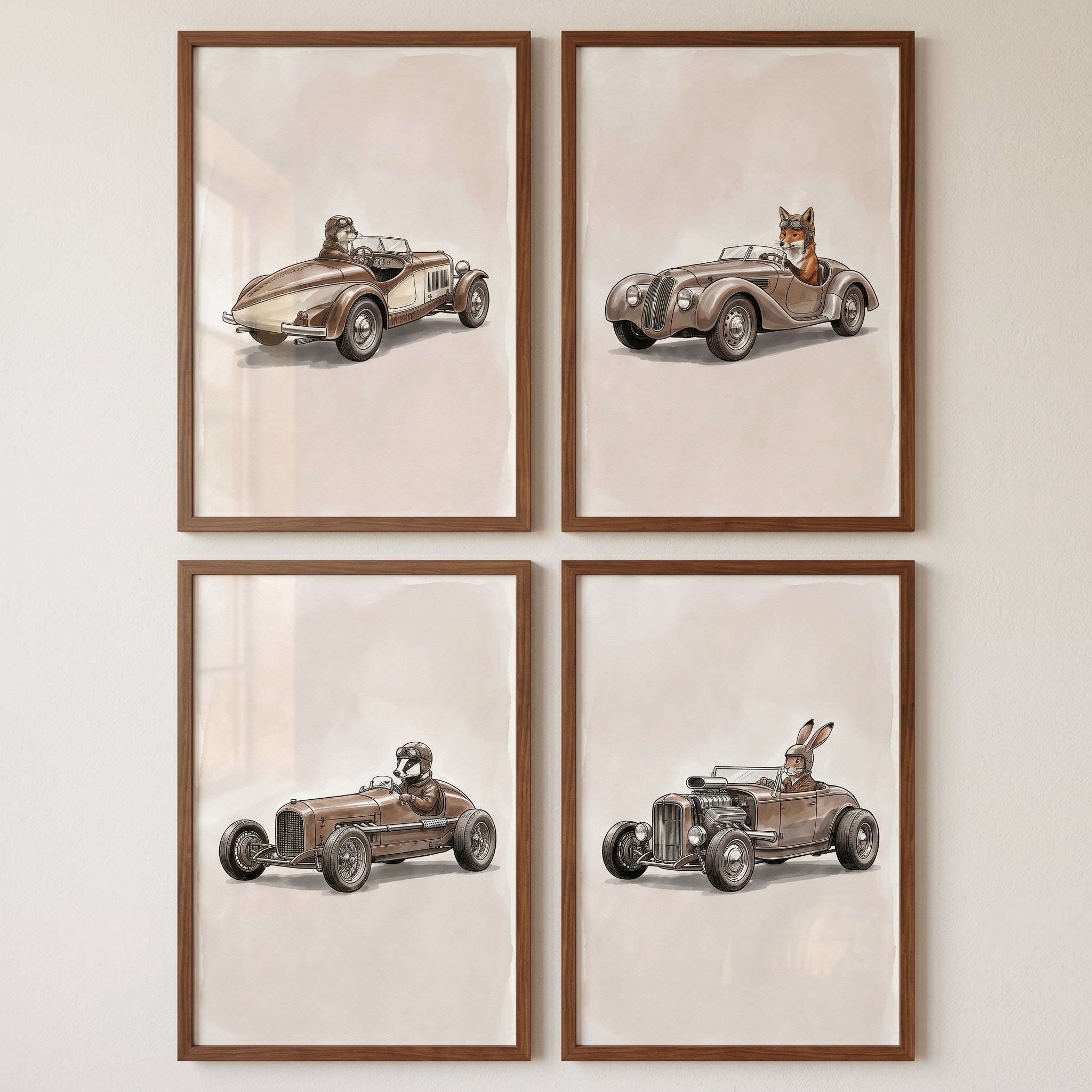 Classic Speedster Woodland Animal Wall Art Set of 4 - Vintage Animal Racers