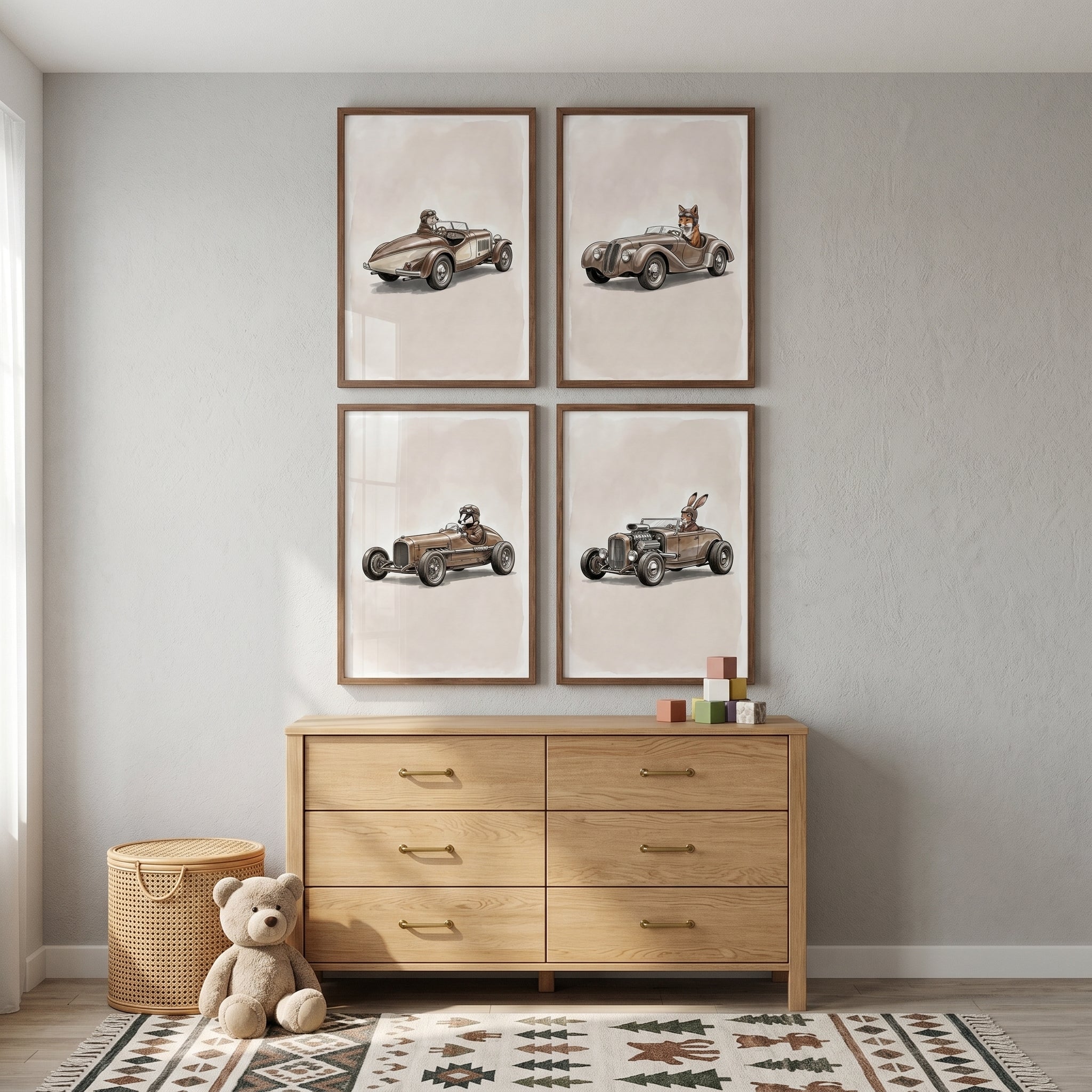Classic Speedster Woodland Animal Wall Art Set of 4 - Vintage Animal Racers