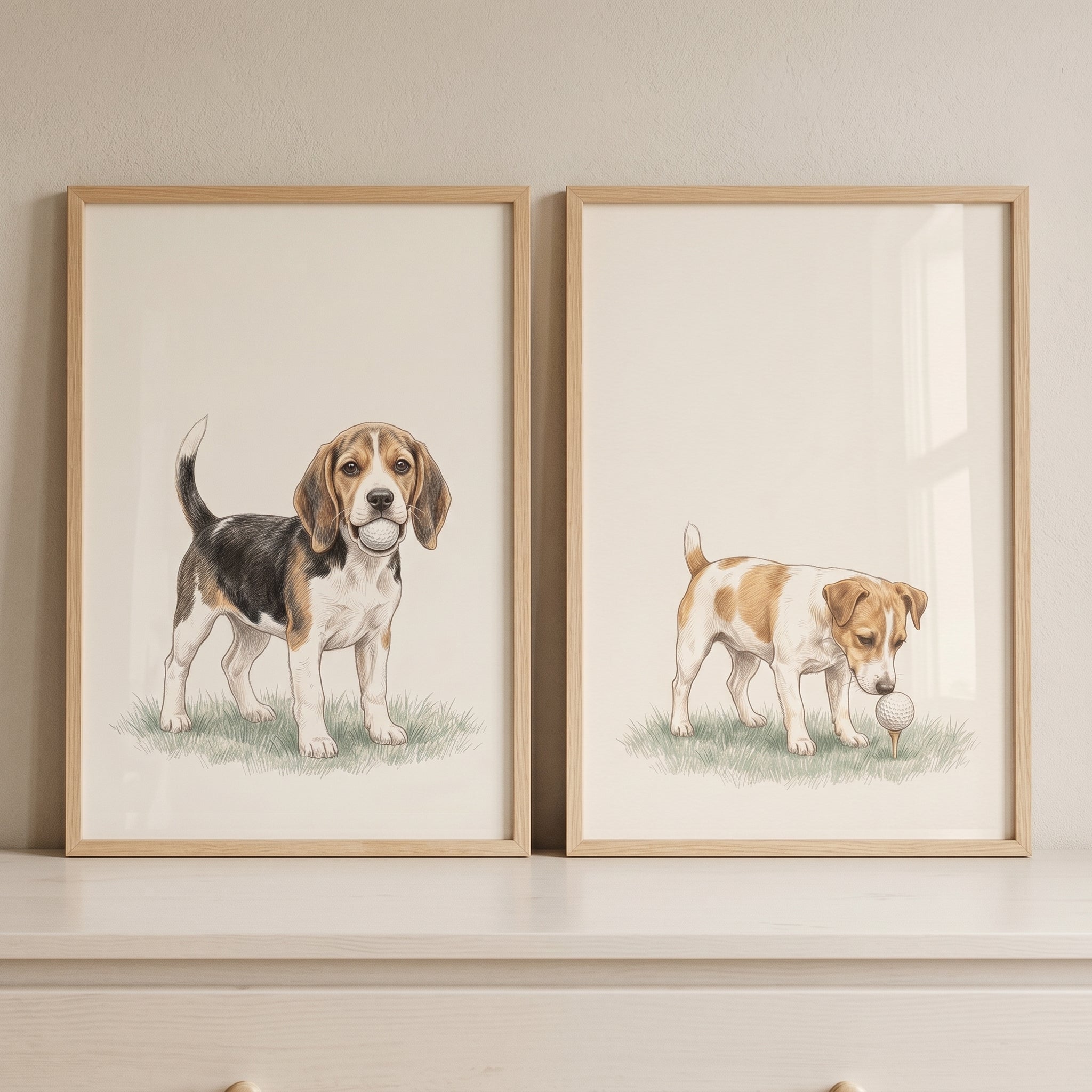 Classic Sportsman Golfing Puppies Wall Art Set of 2 - Golf Ball Pups