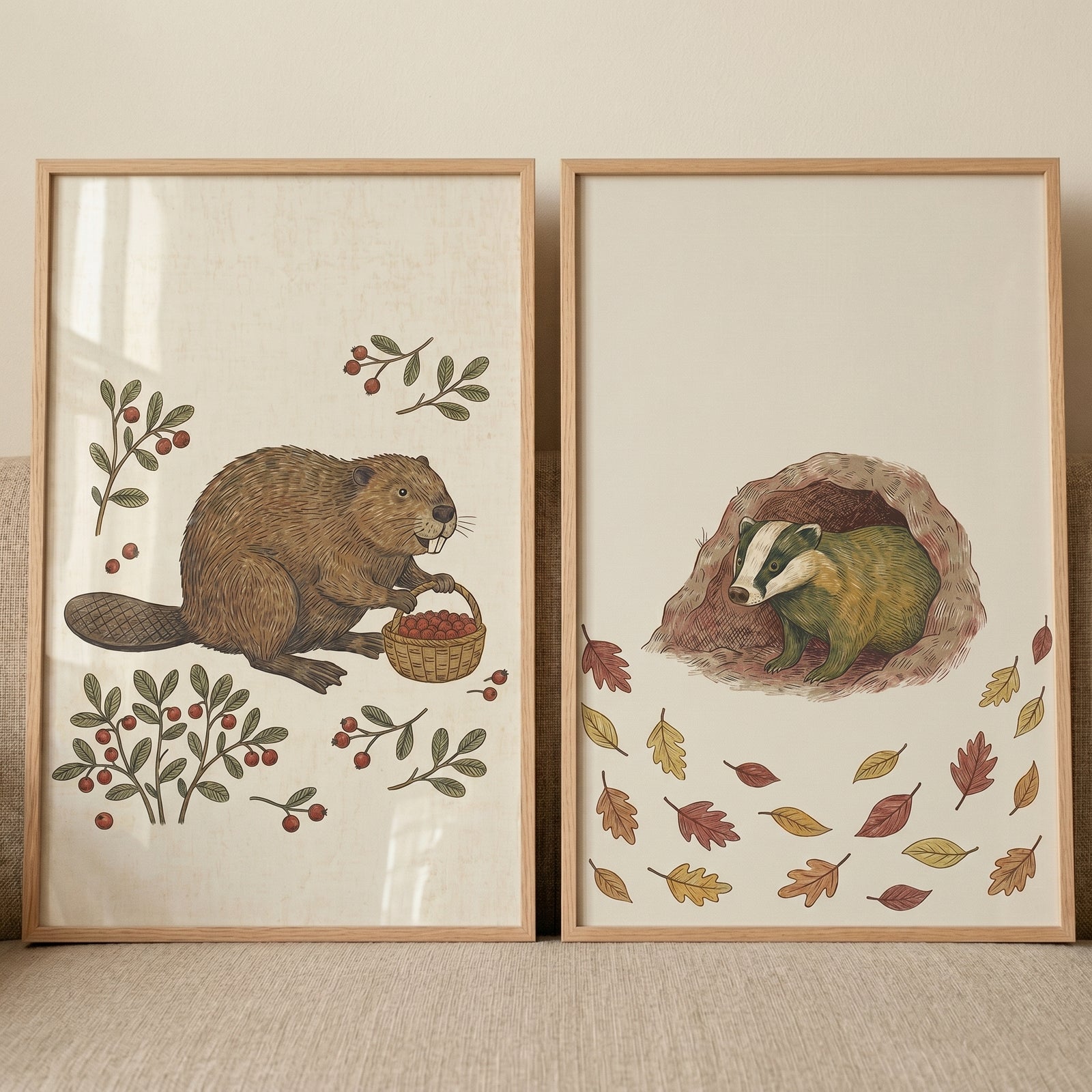 Classic storybook woodland animals wall art set of 2 features a beaver with berries and a badger peeking from a burrow.
