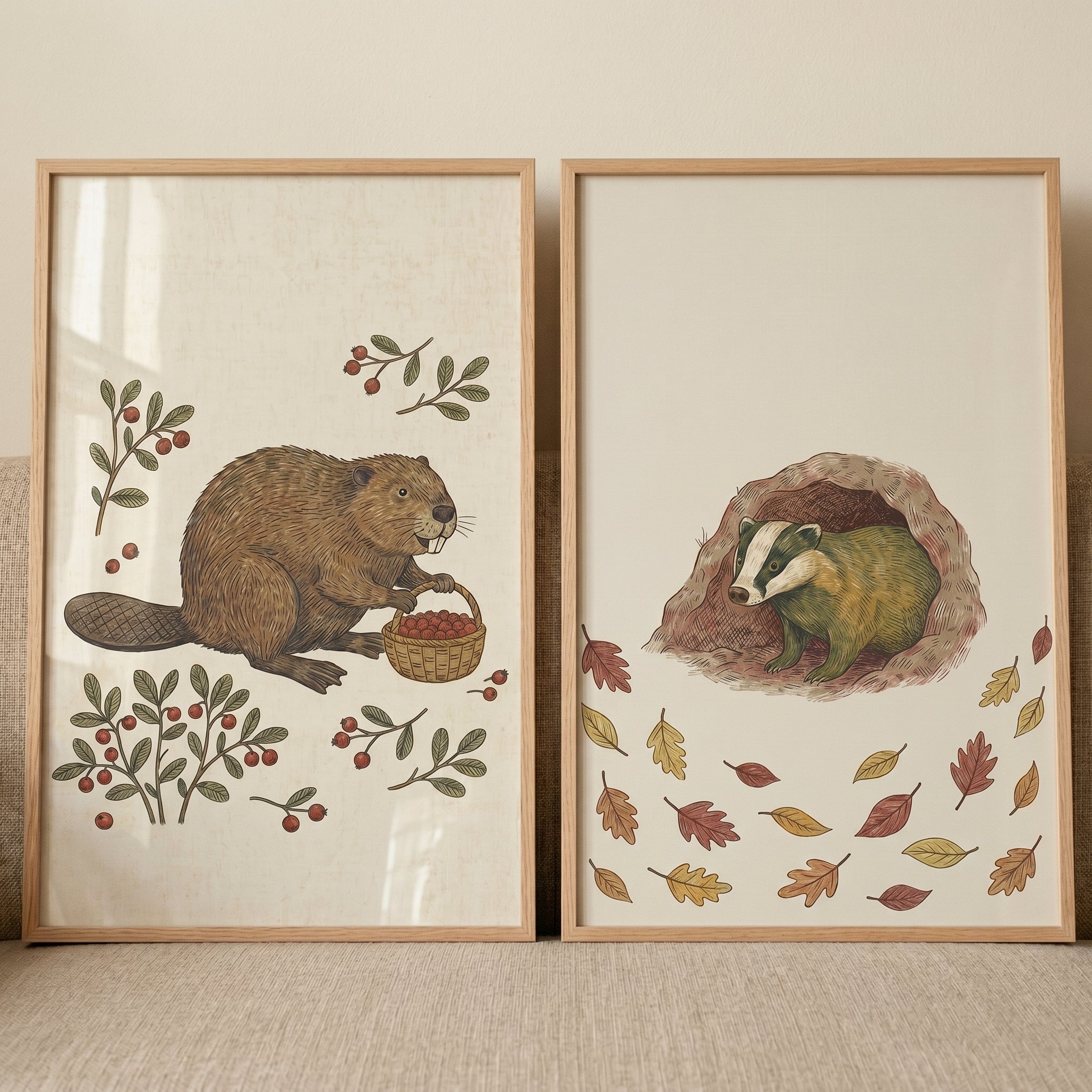 Classic Storybook Woodland Animals Wall Art Set of 2 - Woodland Berry Harvest