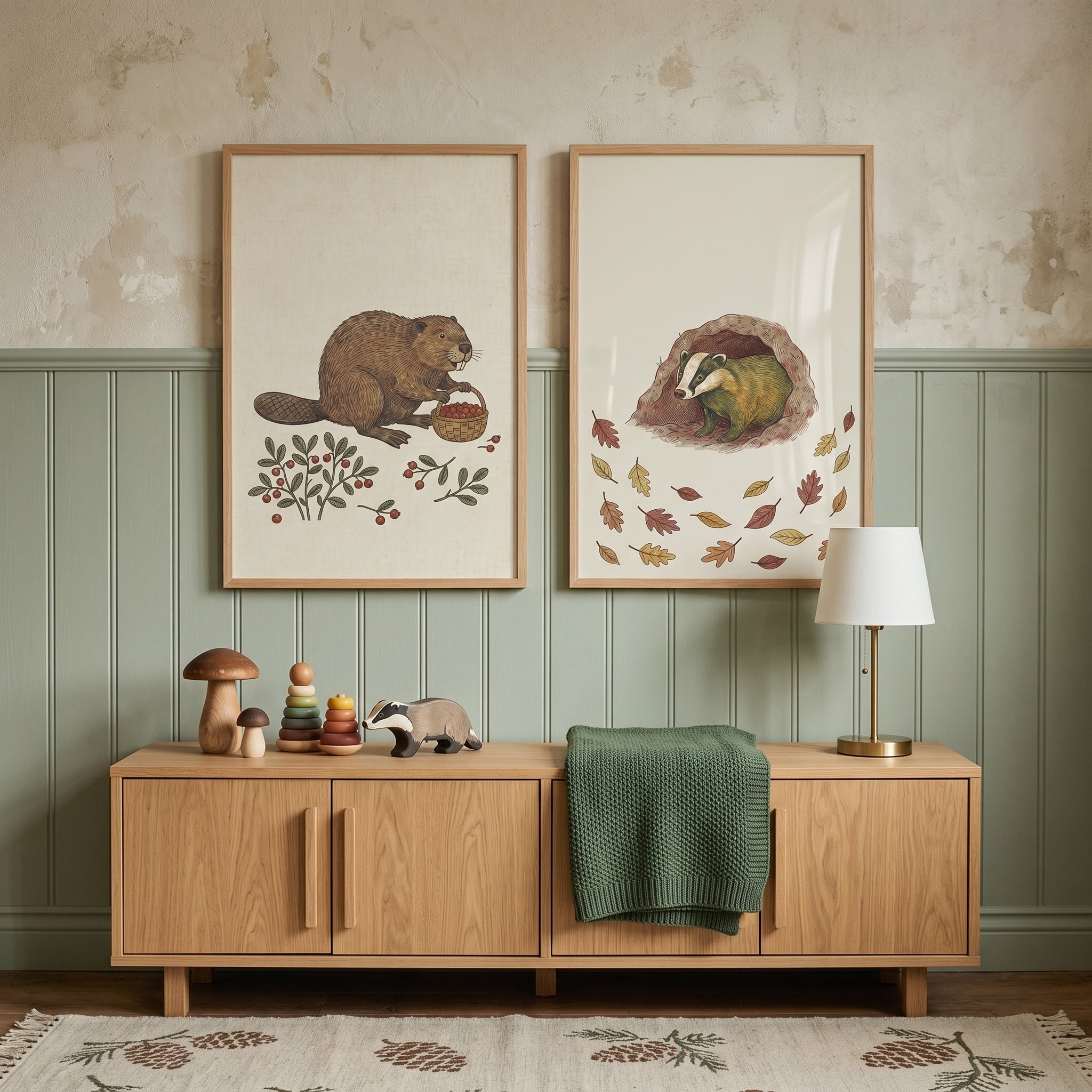 Classic Storybook Woodland Animals Wall Art Set of 2 - Woodland Berry Harvest