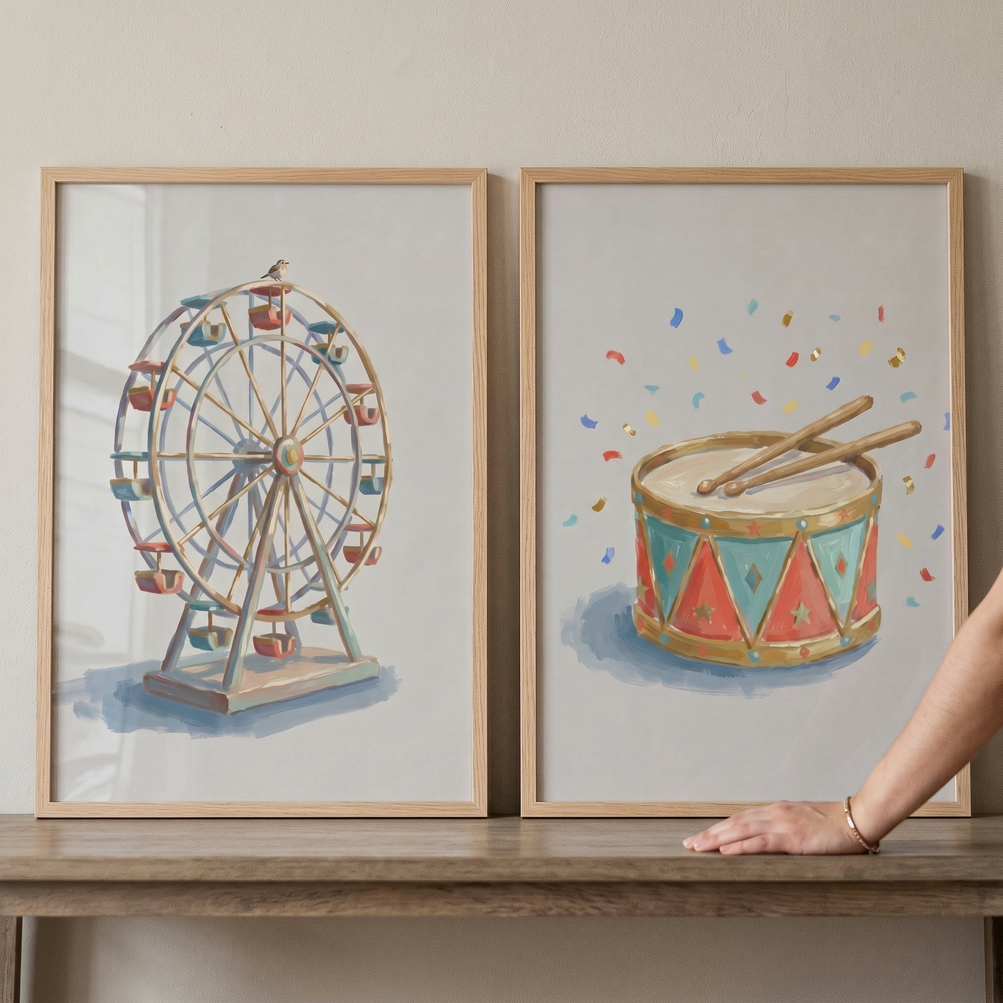Classic Watercolor Carnival Wall Art Set of 2 - Whimsical Carnival