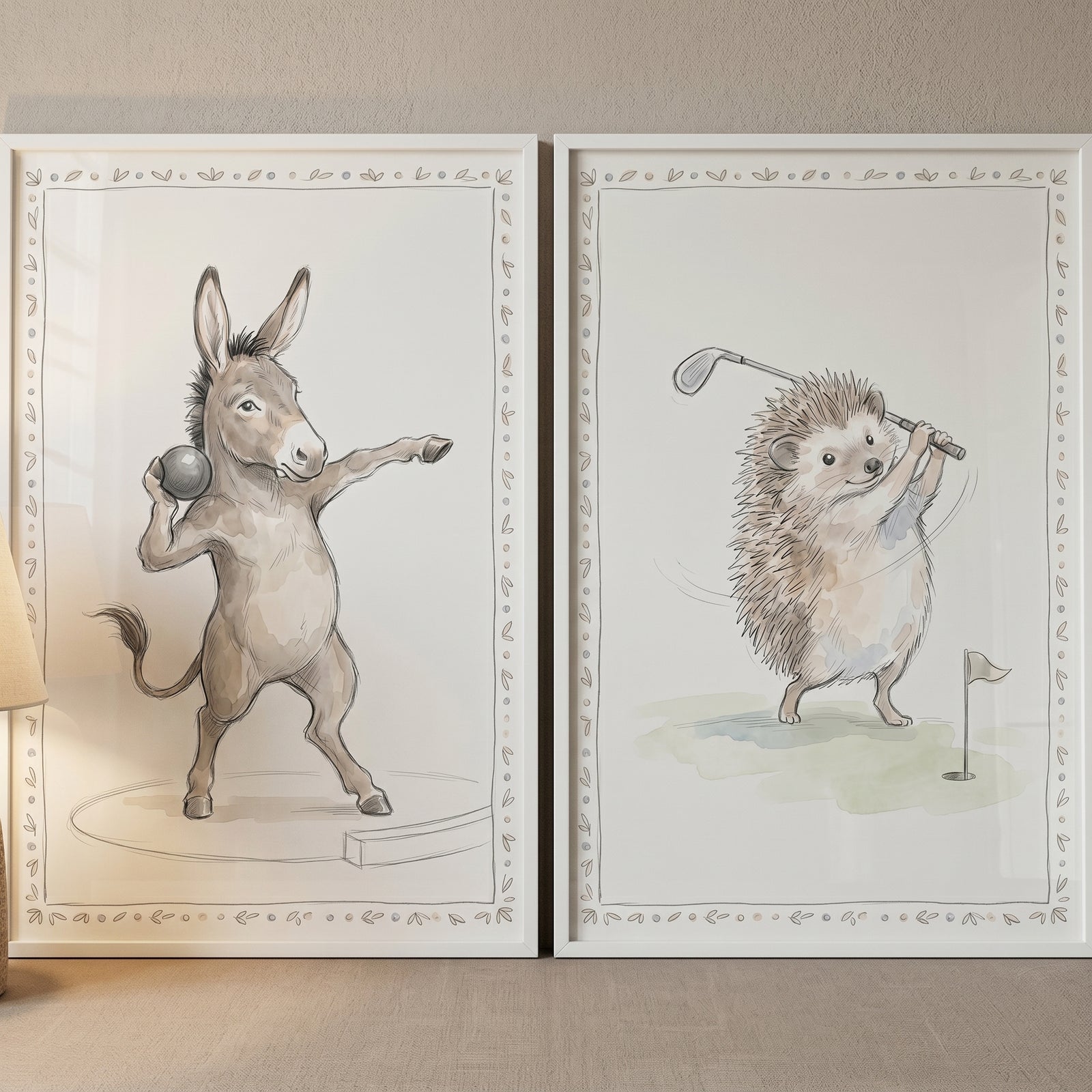 Classic watercolor sporting animals wall art set of 2 with a donkey throwing a shot put and a hedgehog golfing.