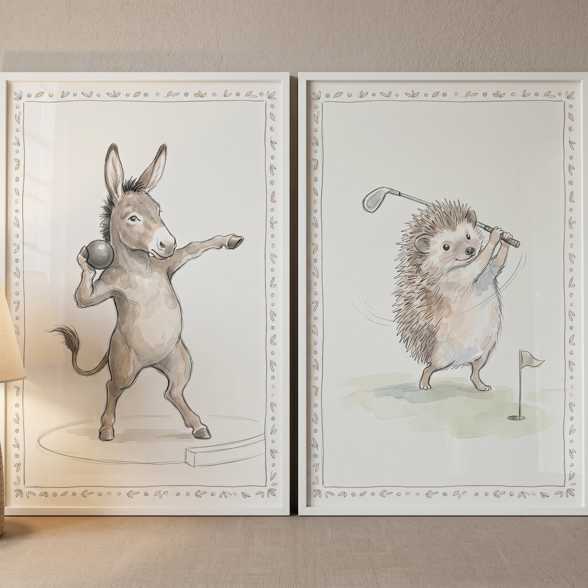 Classic Watercolor Sporting Animals Wall Art Set of 2 - Sporty Creature Sketches