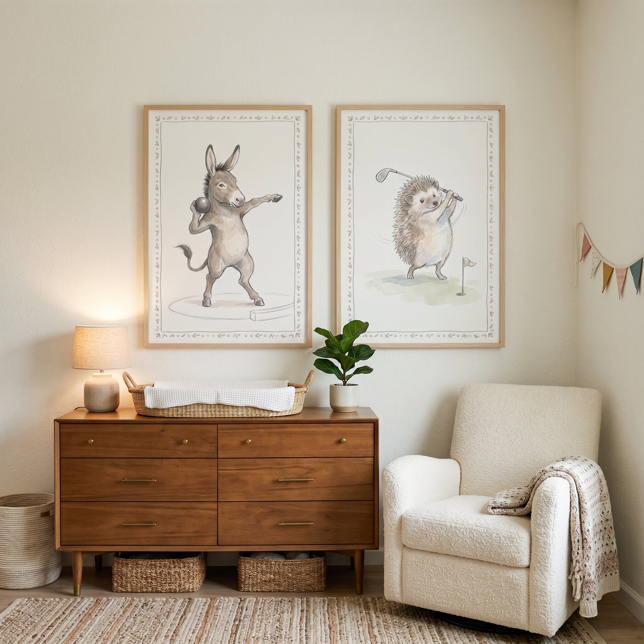 Classic Watercolor Sporting Animals Wall Art Set of 2 - Sporty Creature Sketches