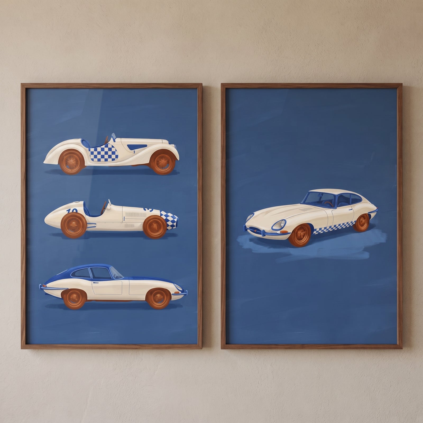 Classic white vintage car wall art set of 2 features four white and blue racing car illustrations on blue backgrounds.