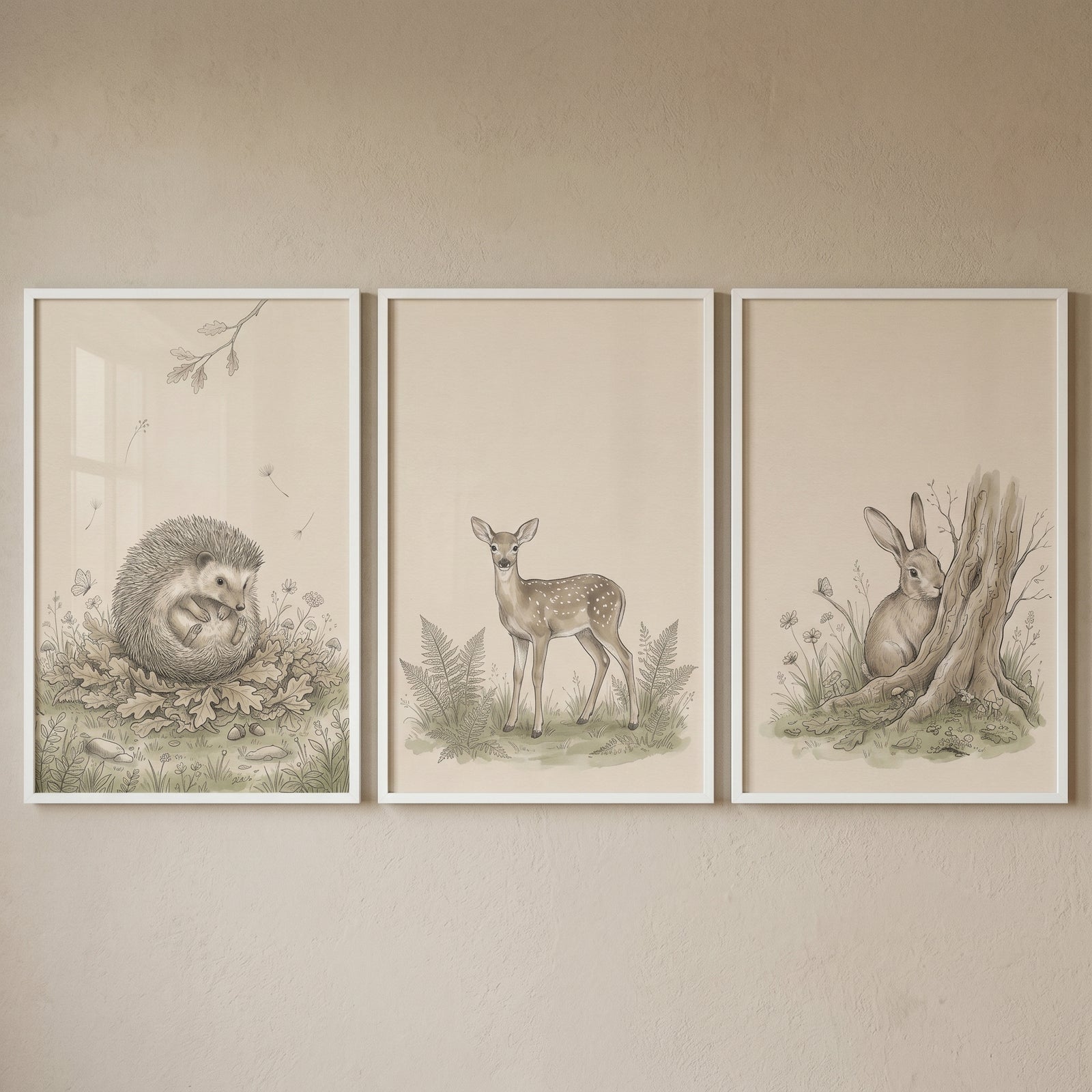 Classic woodland animal wall art set of 3 featuring a curled hedgehog, a spotted fawn, and a rabbit by a tree trunk.