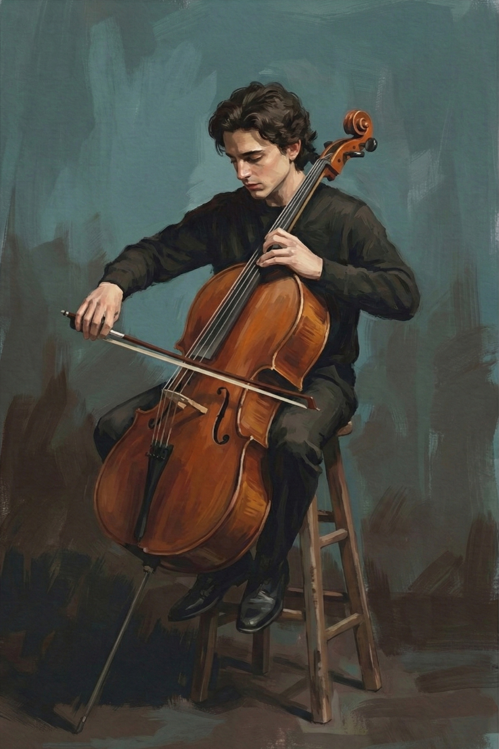 Classical Cellist Moody Brushwork Wall Art - Cello Serenade