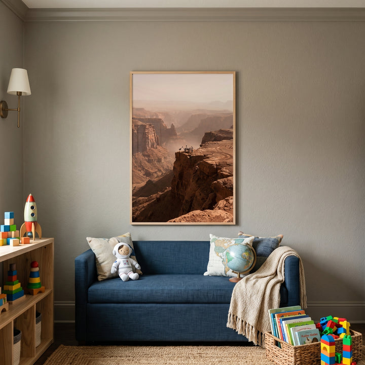Blue sofa in a playroom featuring cliff edge mars rover wall art, astronaut plush, rocket toy, and colorful blocks.