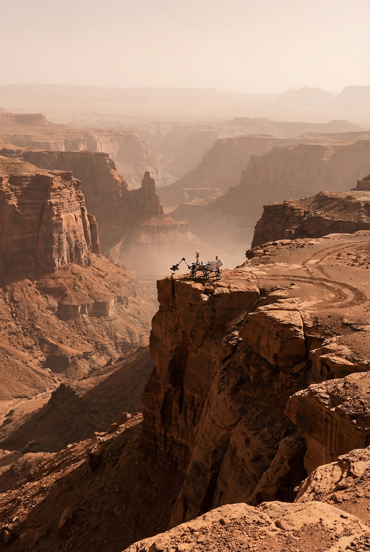 Rover positioned at the edge of a steep canyon cliff overlooking vast layered rock formations and dusty valleys. The scene emphasizes scale with the small rover against the expansive rugged terrain.
