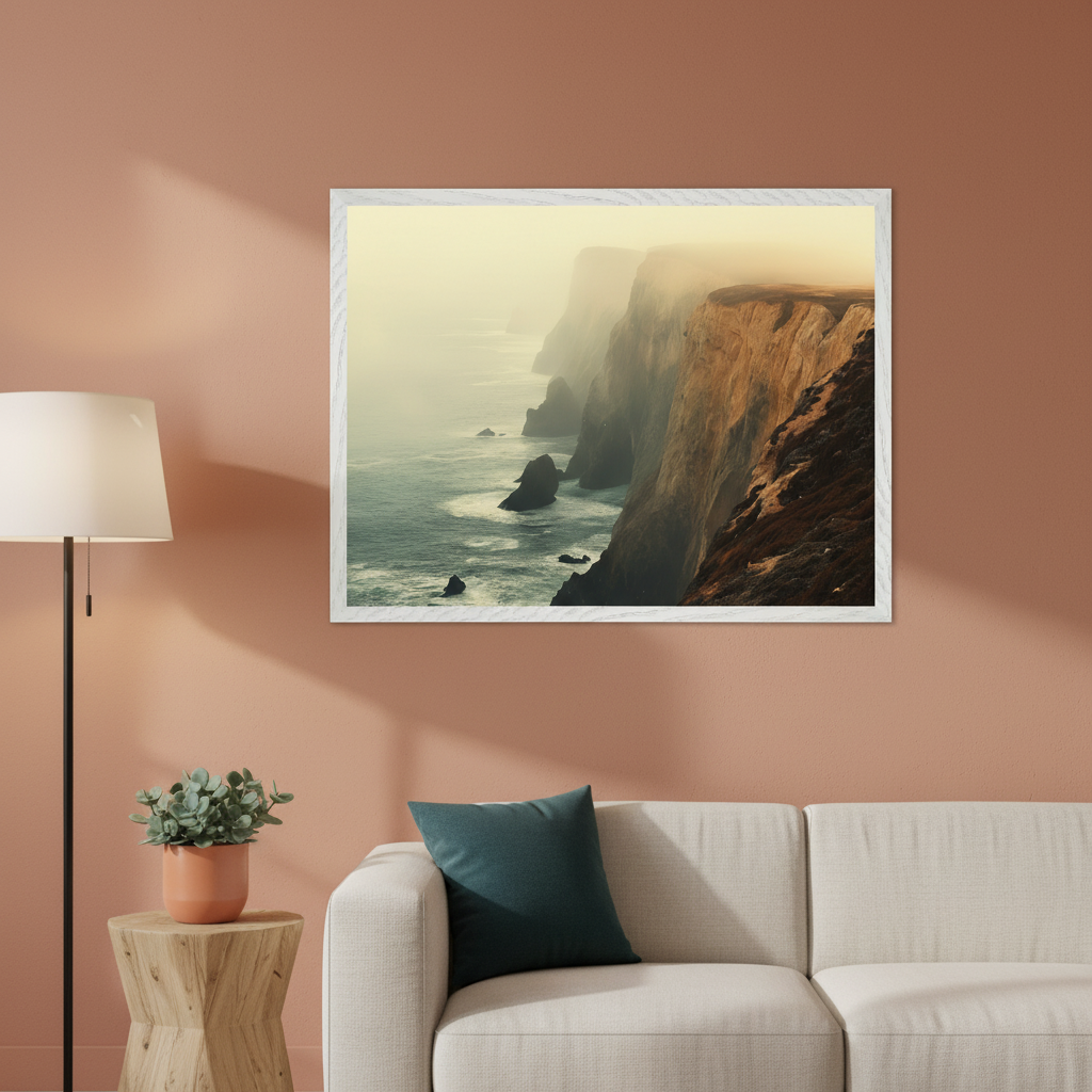 Living room with a cream sectional sofa and dark teal pillow. A floor lamp and wooden side table with a plant are on the left. Centered above the sofa, a framed horizontal print displays a misty coastal scene with rugged cliffs and ocean waves.