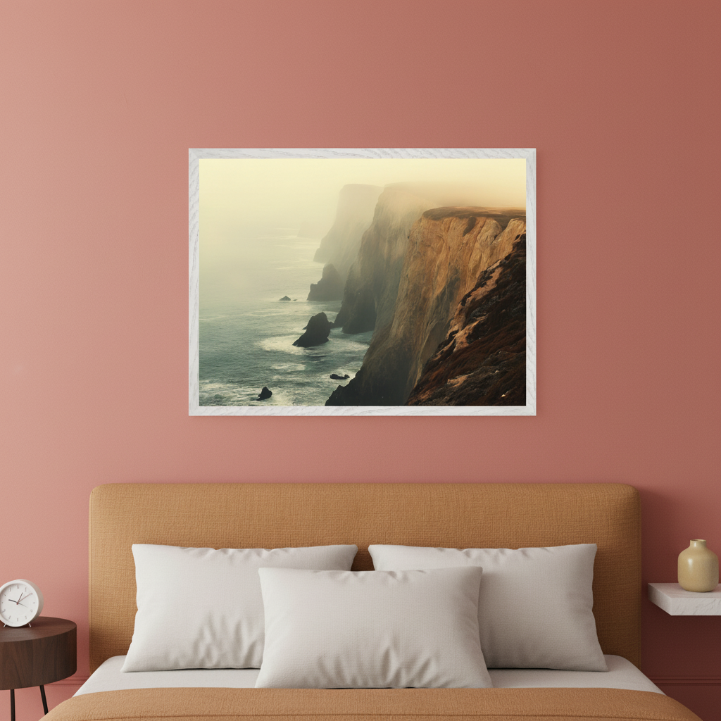Modern bedroom with a brown bed and white pillows against a dusty rose wall. A large framed print of misty coastal cliffs and crashing waves hangs centered above the bed.