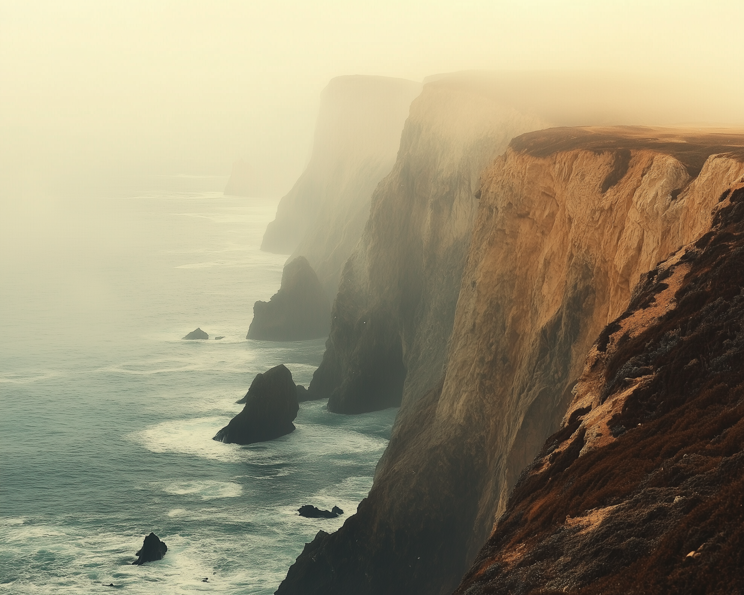  Towering ocean cliffs stretch into the misty distance, their golden tones glowing through the fog above a dark, rocky shoreline.
