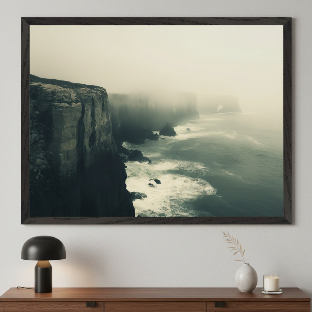 Modern room with a dark wood console table. A large framed print depicting misty sea cliffs with crashing waves hangs above the table. A black lamp, a vase with dried foliage, and a candle are on the table.