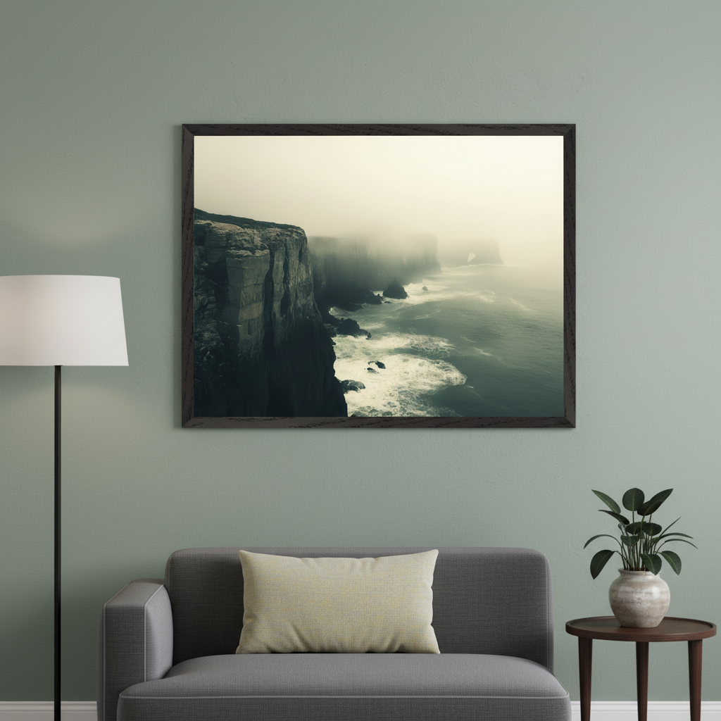 Living room with a gray sofa, a floor lamp, and a sage green wall. A large framed print of foggy coastal cliffs with crashing waves hangs above the sofa. A side table with a plant is to the right.