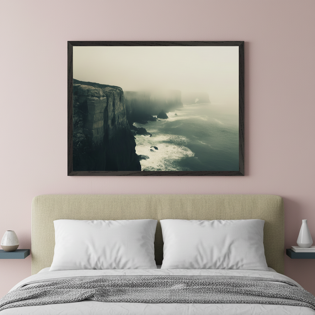 Modern bedroom with a light pink wall. A large framed photograph of foggy coastal cliffs with crashing waves hangs centered above a bed with a beige headboard, white pillows, and a gray throw.