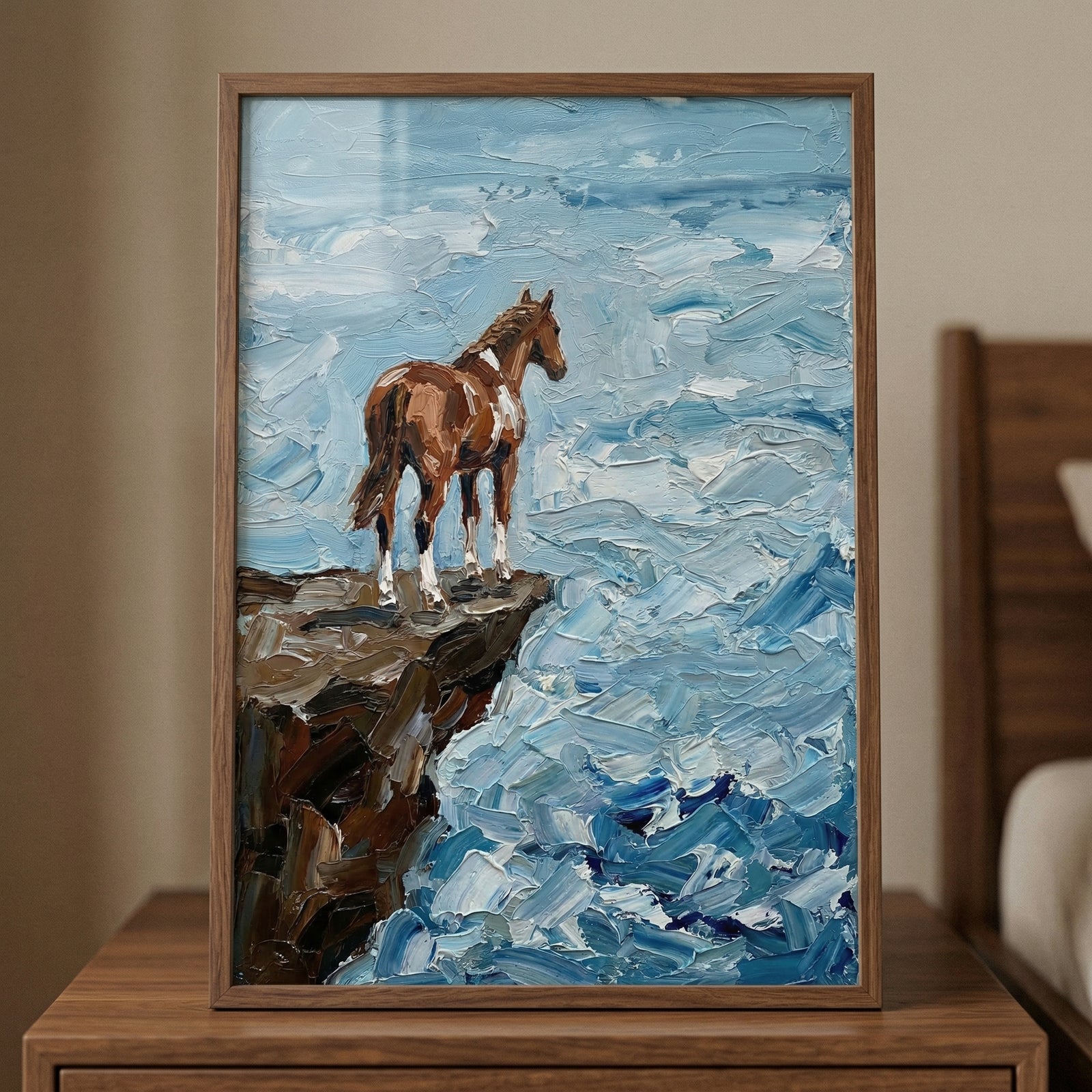 A vertical impasto-style art creation depicts a brown and white horse standing on the edge of a dark, rocky cliff. The horse is shown from behind and slightly to the side, looking out over a vast sea of thick, textured blue and white strokes that blend into the sky. 