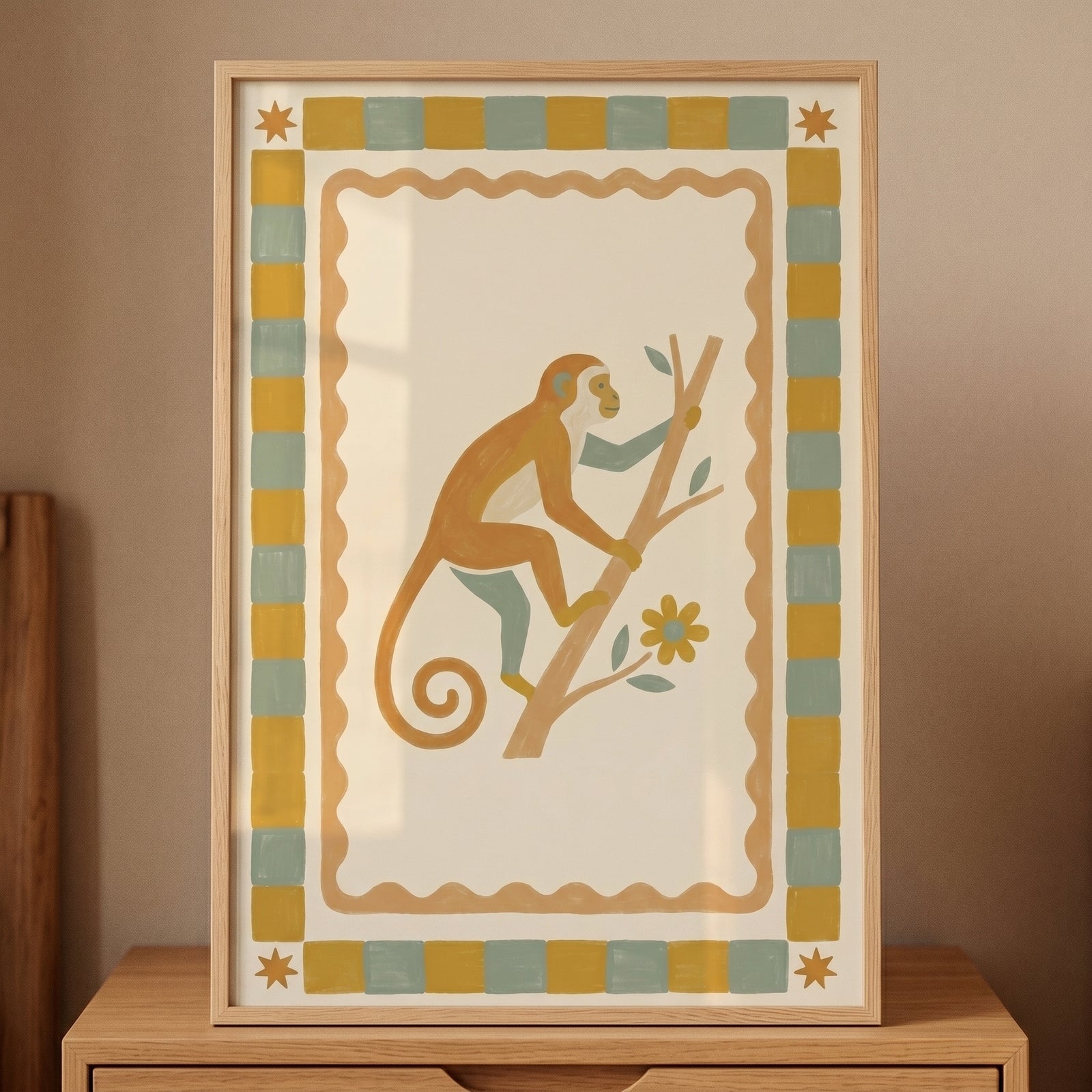 Climbing branch mustard monkey wall art featuring a golden monkey on a branch within a sage and yellow checked border.