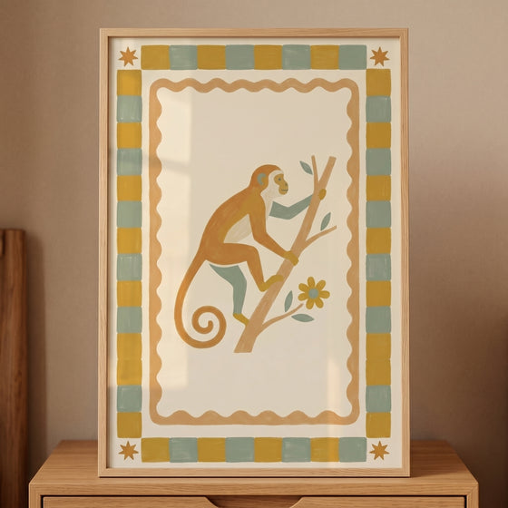 Climbing branch mustard monkey wall art featuring a golden monkey on a branch within a sage and yellow checked border.