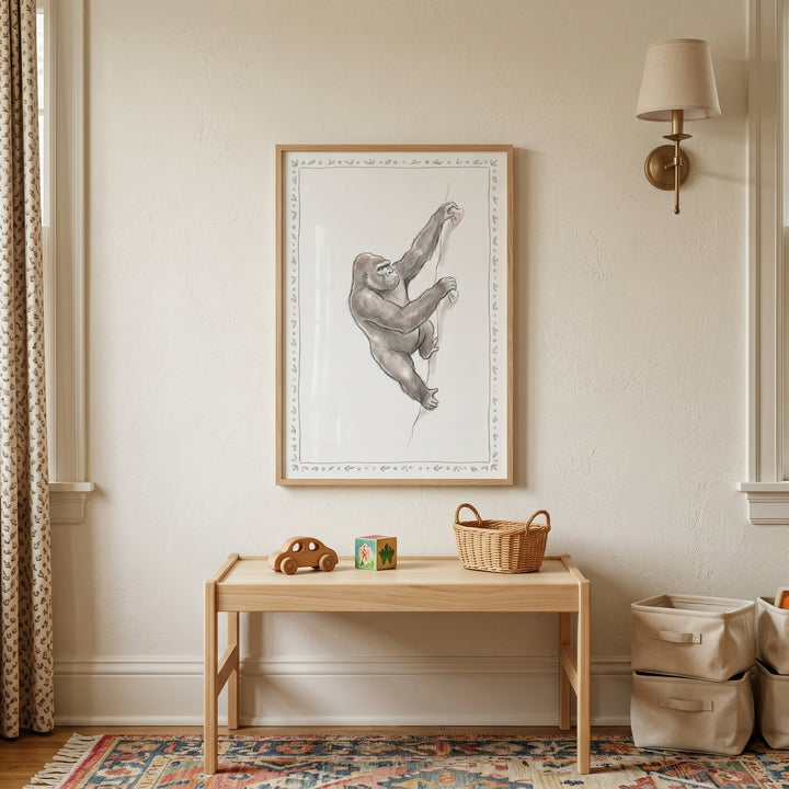 A neutral nursery features climbing gorilla wall art above a light wood table with small toys and a woven basket.