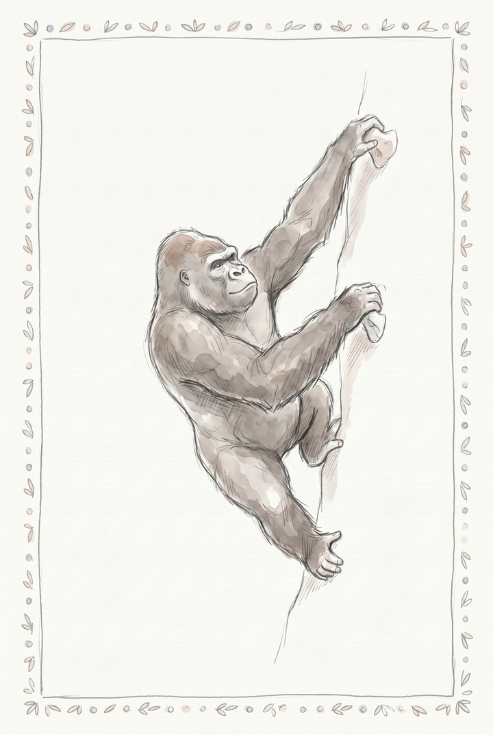 Watercolor-style climbing gorilla wall art featuring a brown gorilla scaling a rock face inside a floral border.