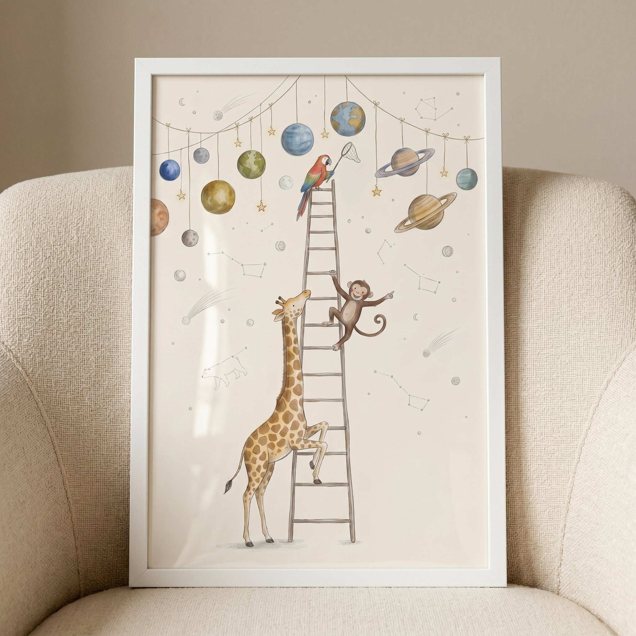 Climbing Ladder Animals Space Wall Art - Celestial Safari Friends