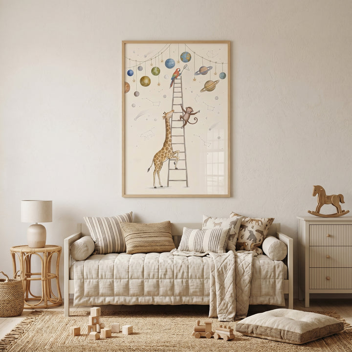 Neutral nursery with a daybed, rocking horse, and climbing ladder animals space wall art framed on the wall.
