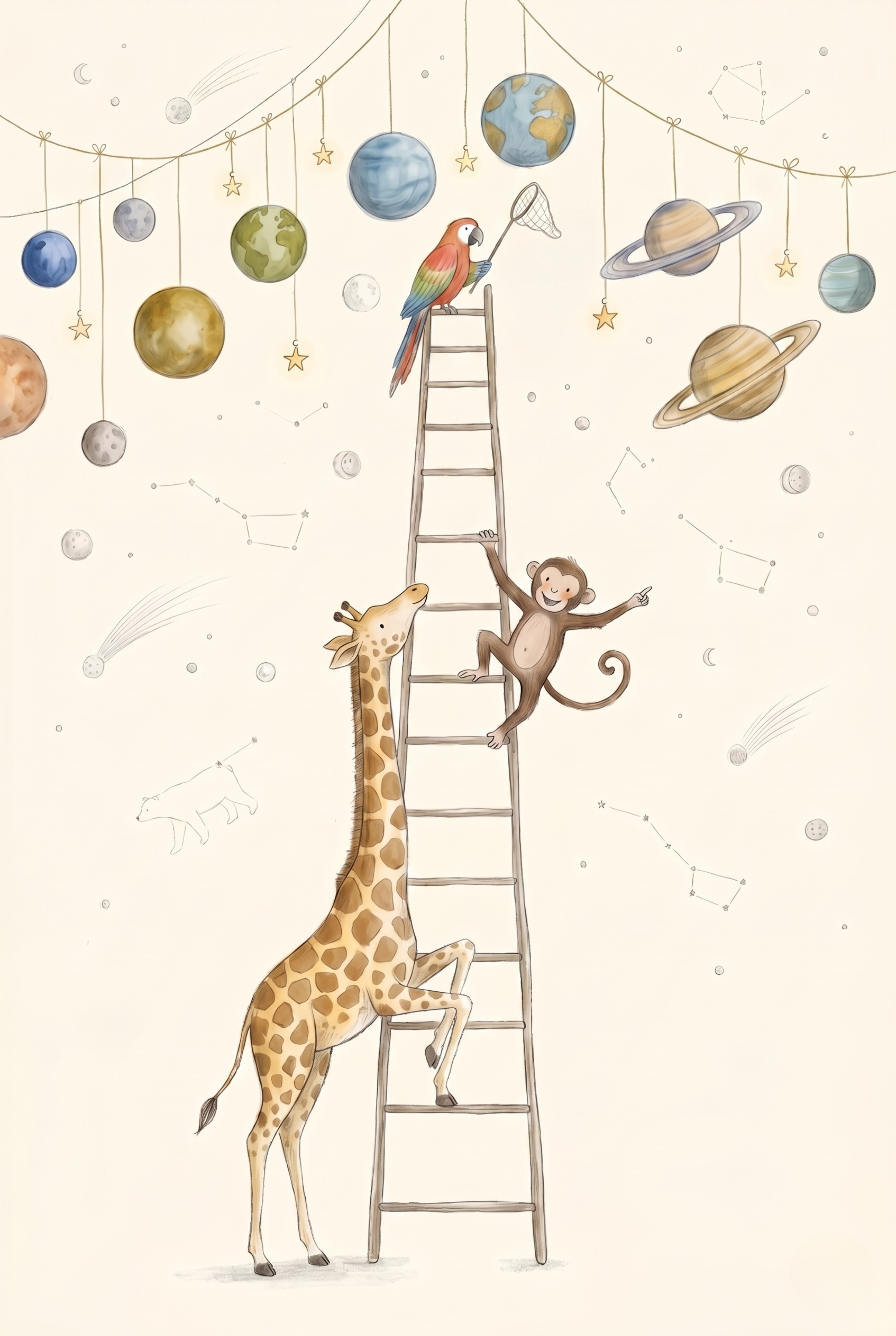 Climbing Ladder Animals Space Wall Art - Celestial Safari Friends