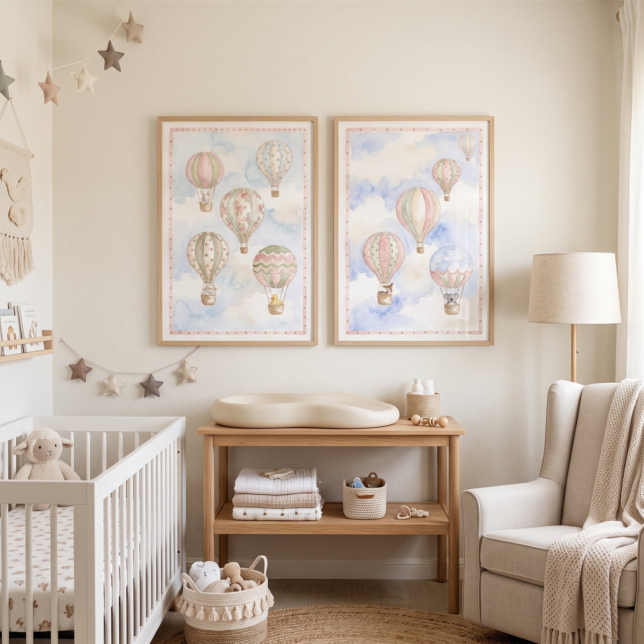 Clouds Hot Air Balloon Wall Art Set Of 2 - Floating Animal Balloons