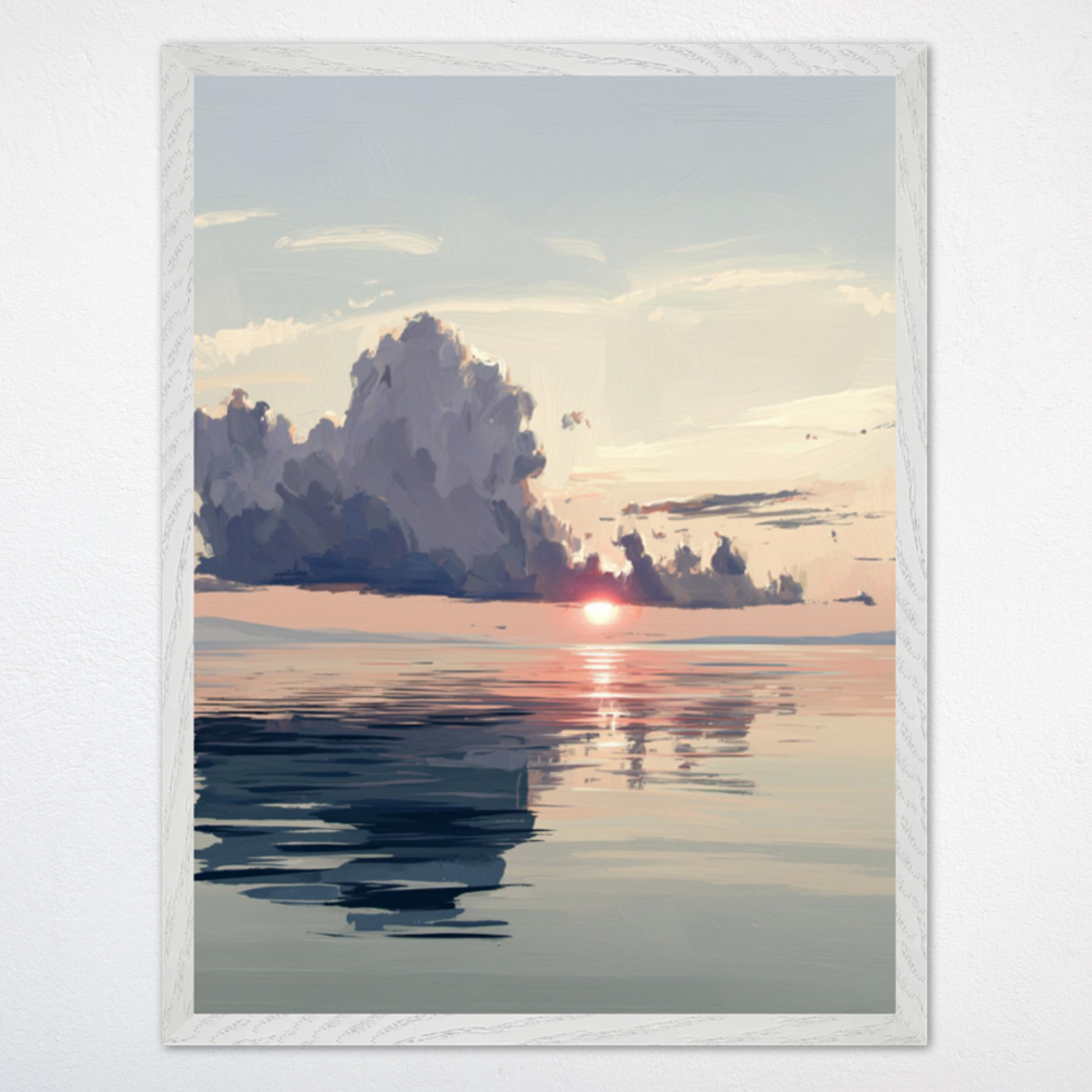 Framed painting of a calm ocean sunrise with soft, pastel-colored skies, gentle clouds, and reflections on tranquil water, evoking serenity and peacefulness.