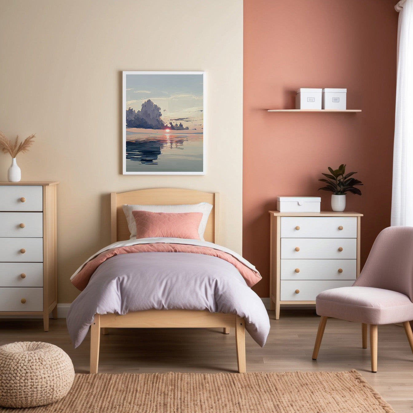 A calming bedroom decorated with warm peach and soft lavender tones, natural wood furniture, and minimalist accents. A peaceful painting depicting a serene sunrise over reflective water is centered above the bed, complementing the gentle, tranquil feel of the space.