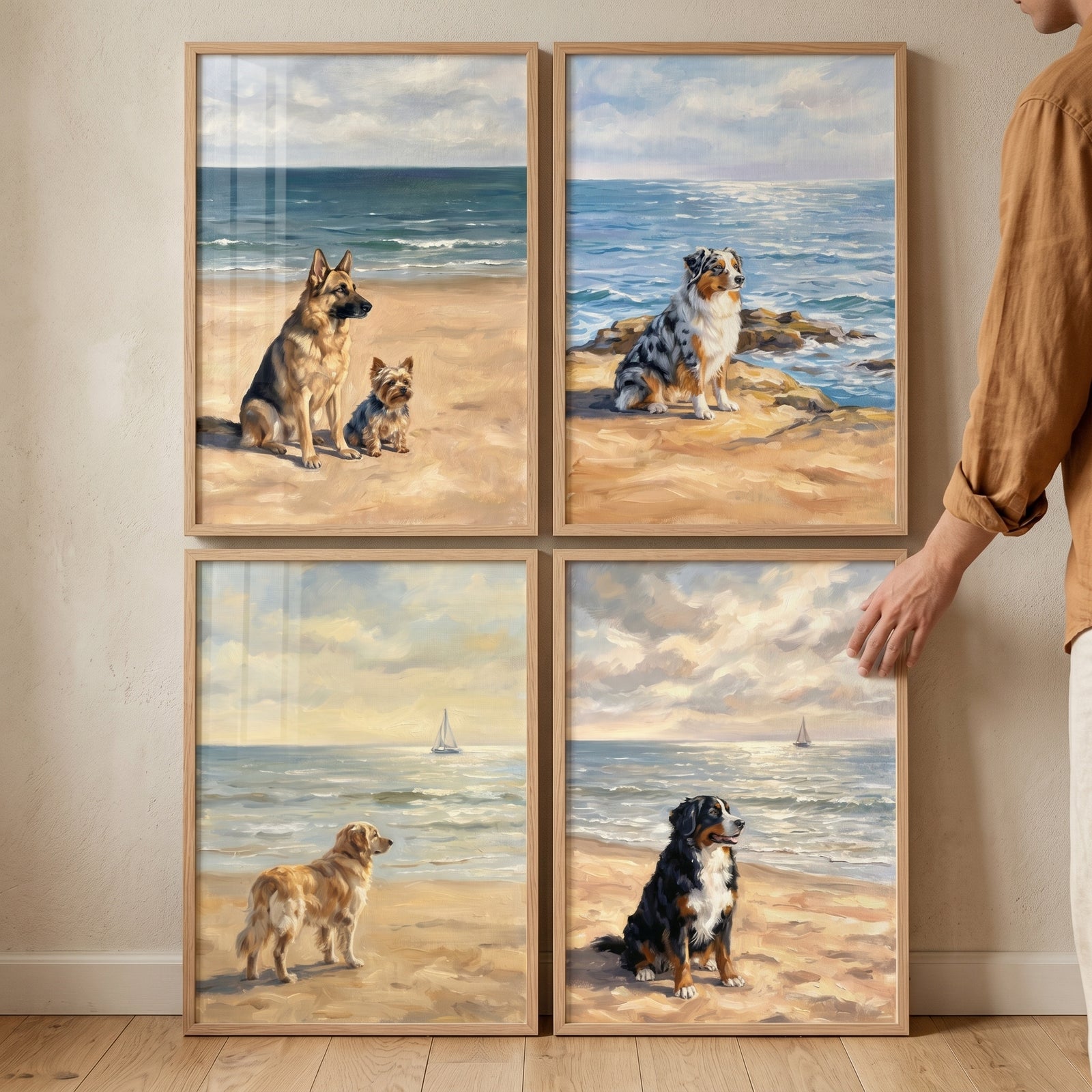 Cloudy sky coastal dogs wall art set of 4 depicts various breeds on a sandy beach with ocean views in wood frames.