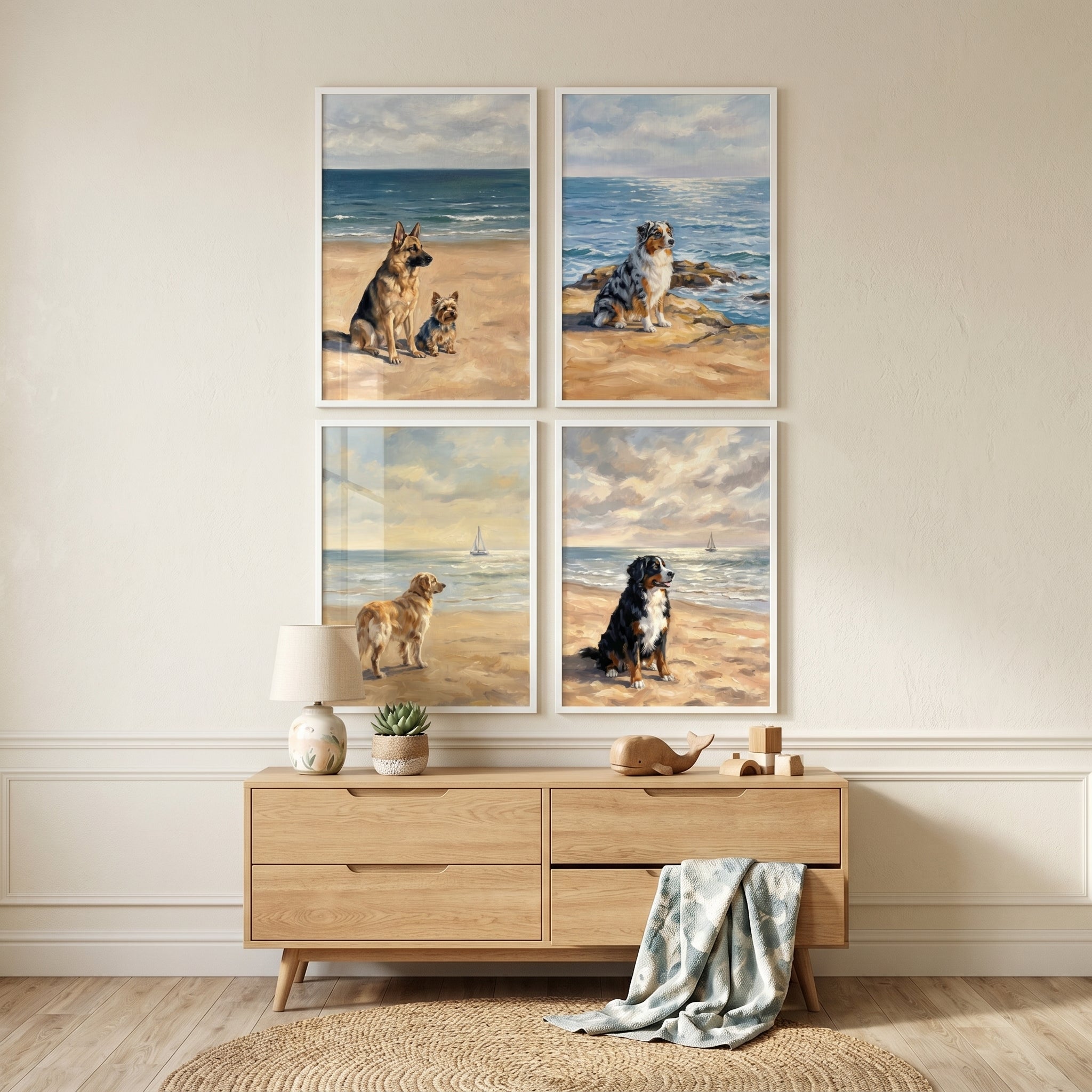 Cloudy Sky Coastal Dogs Wall Art Set of 4 - Seaside Shore Dogs
