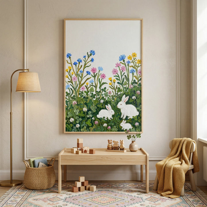A vertically oriented framed illustration of a vibrant meadow hangs on a light beige wall with elegant molding. The artwork features tall green blades of grass, clover, and clusters of delicate blue, yellow, and pink wildflowers. In the lower portion of the scene, three white rabbits are depicted nestled among the greenery. The piece is encased in a simple light wood frame.
