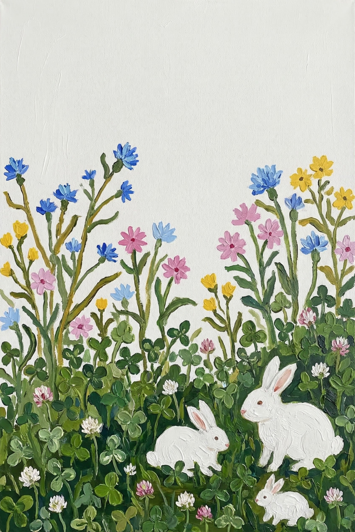  Three small white rabbits explore a dense field of clover and colorful flowers in pink, yellow, and blue. The bright greenery and playful arrangement create a cheerful springtime scene.
