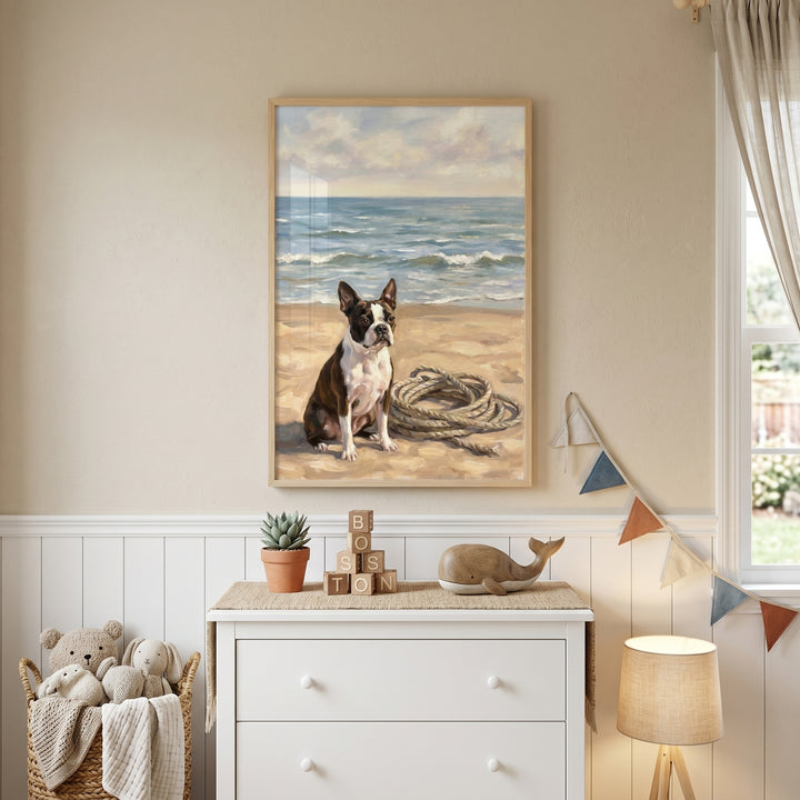 Coastal beach boston terrier dog wall art hangs above a dresser in a nursery with a whale toy and stuffed animals.