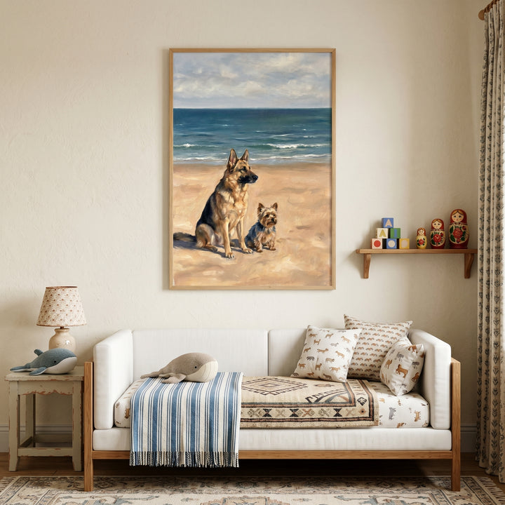 Coastal beach german shepherd dog wall art hangs above a white sofa decorated with coastal pillows and blankets.