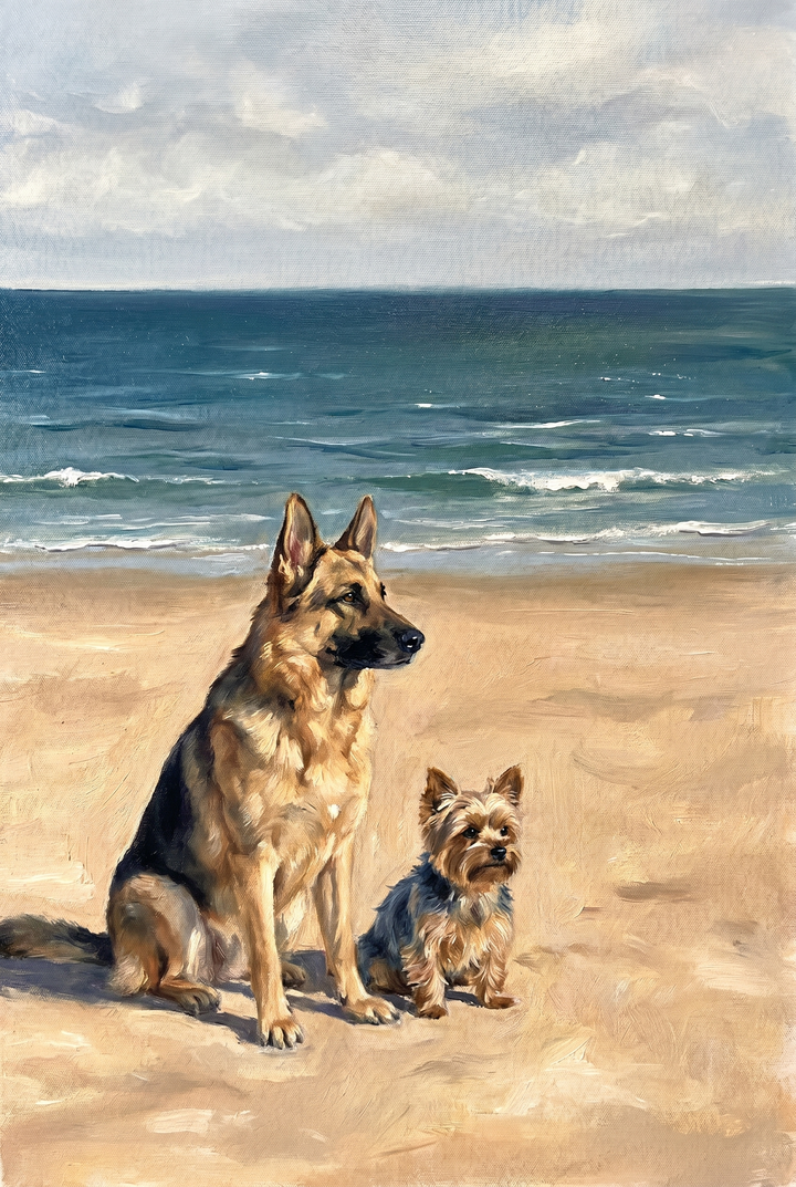 A German Shepherd and small terrier sit by the ocean in coastal beach german shepherd dog wall art.